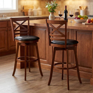 Set of 2 Swivel Bar Stools, 30.5" Bar Height Chairs with High Back & Faux Leather Upholstered Seat, Rubber Wood Barstools for Kitchen Island, 2