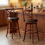 Set of 2 Swivel Bar Stools, 30.5" Bar Height Chairs with High Back & Faux Leather Upholstered Seat, Rubber Wood Barstools for Kitchen Island, 2